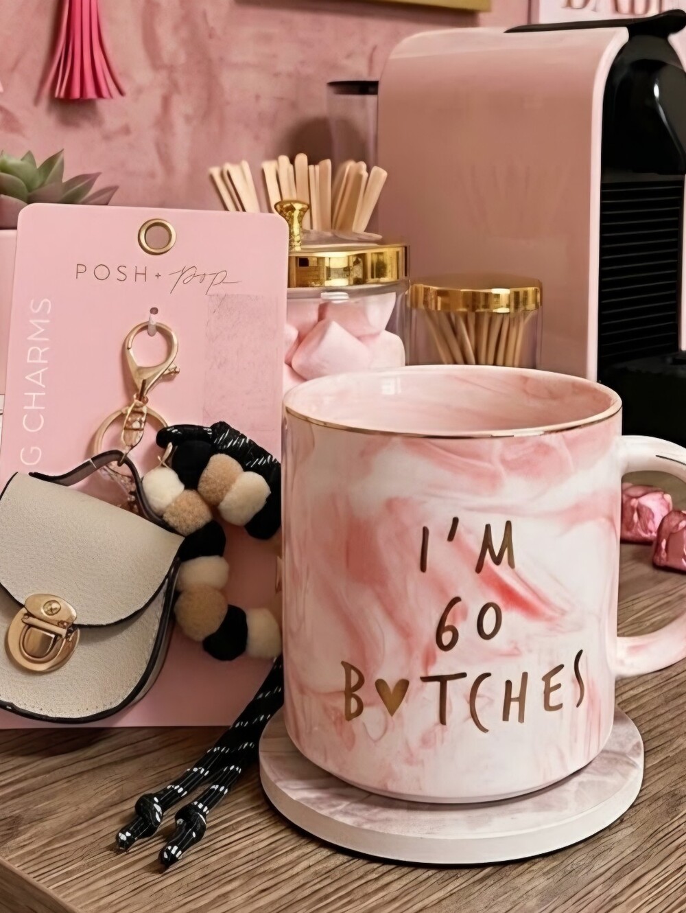 Pink Mug Gift Ser With Purse Bag Charm Keychain